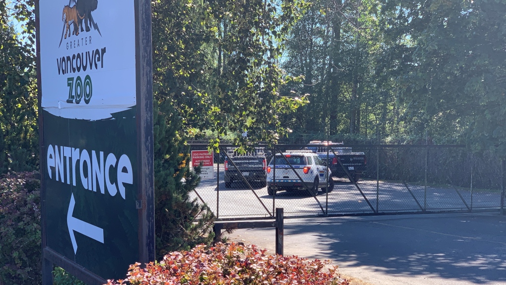 Foto: a sinistra, l'insegna dell'ingresso dello zoo di Vancouver; di fronte, il cancello d'ingresso, e, al di là, alcune auto della polizia.