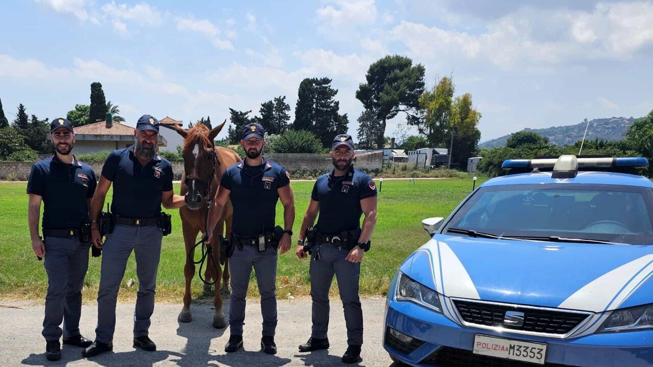 Foto: il cavallo Clint in mezzo agli agenti di polizia in posa (due alla sua sinistra e due alla sua destra). In basso a destra, nella foto, si vede in parte l'auto della polizia.